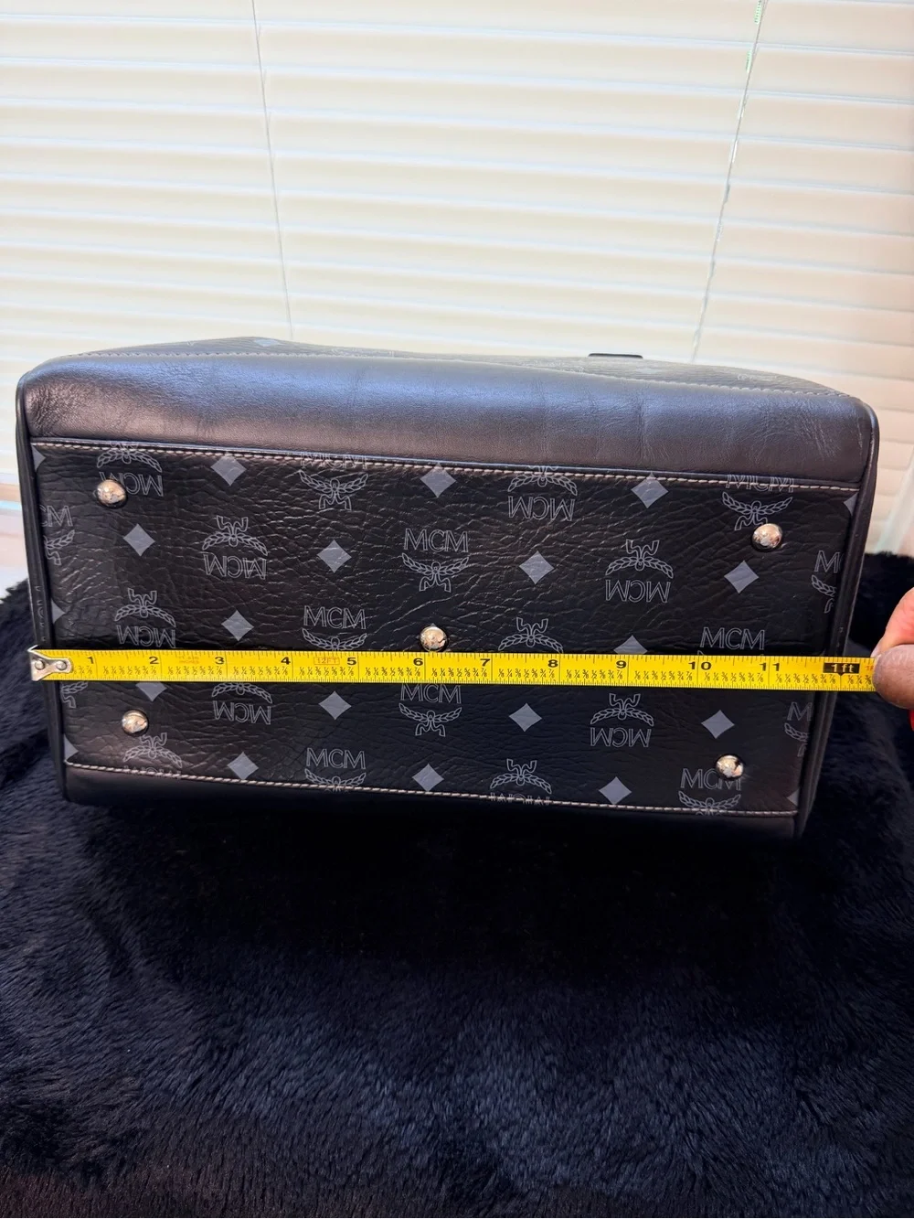 MCM Large Black Monogram Boston Bag with Brown Scarf-Handled Accents